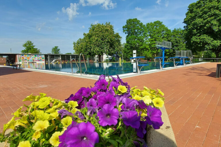 Freiluft-Schwimmbad mit klarem Wasser, umgeben von Bäumen und bunten Blumen im Vordergrund