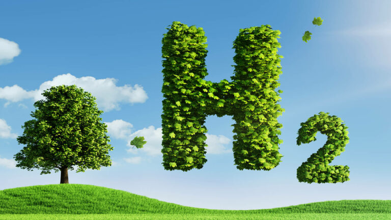 Wiese mit einem Baum und einem Wasserstoff Symbol (H²) aus Gras das in der Luft schwebt